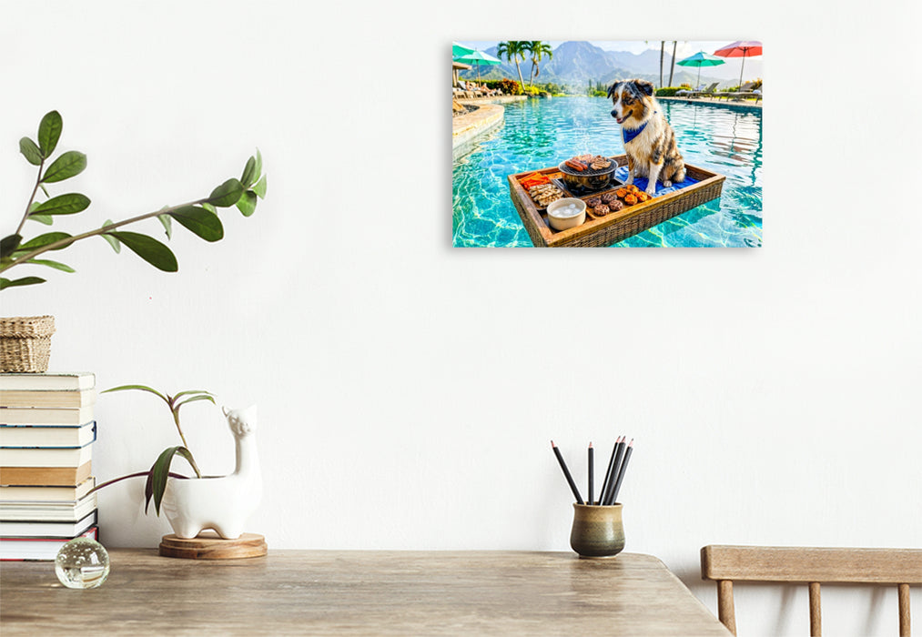 Premium Textil-Leinwand Pool Snacktime – Hund auf Schwimmtablett