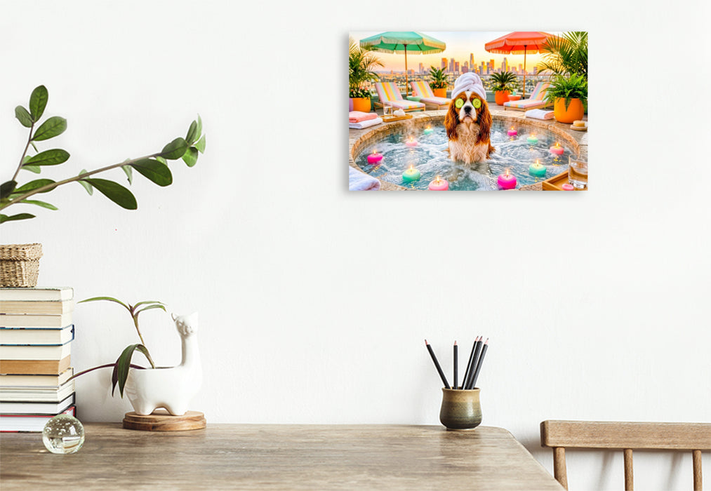 Premium Textil-Leinwand Wellness Spaniel – Entspanntes Spa Hundemotiv
