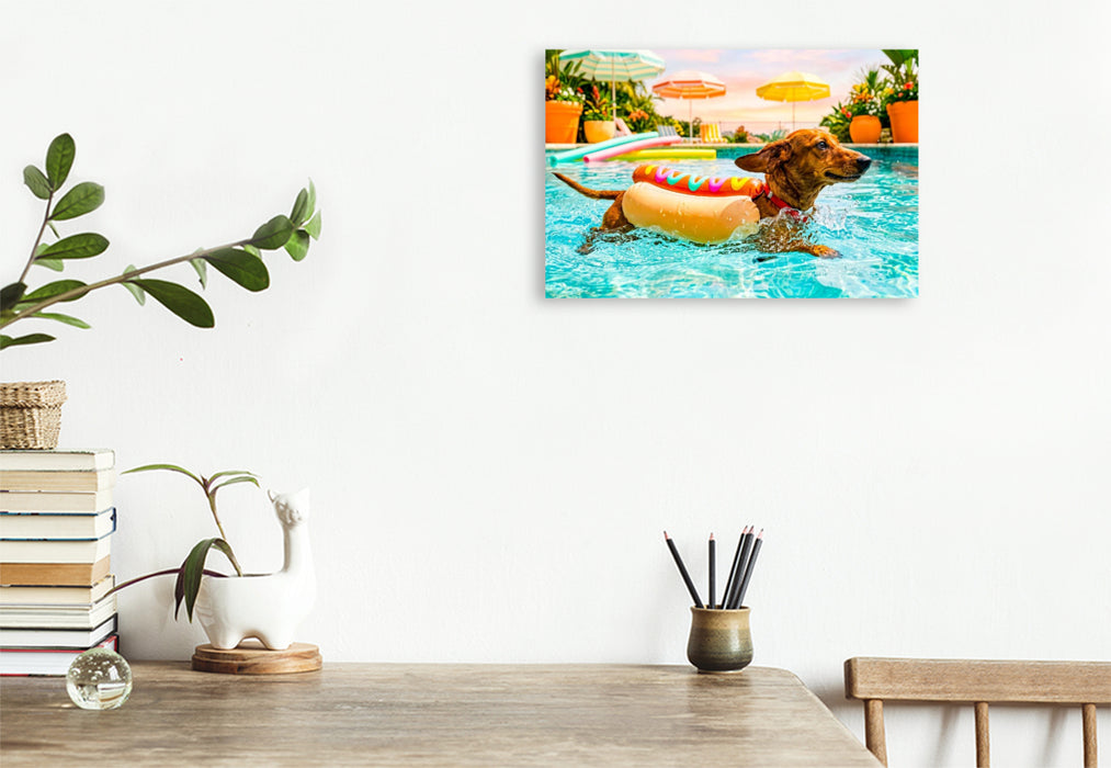 Premium Textil-Leinwand Dackel im Hotdog‑Schwimmanzug im Pool