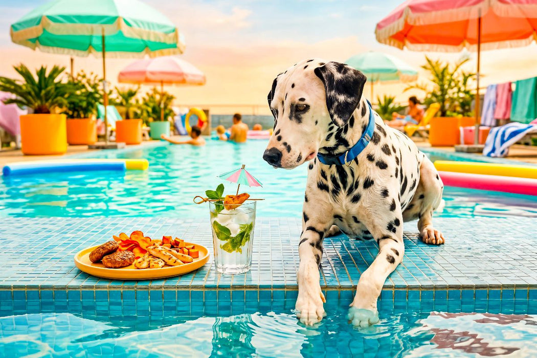 Premium Textil-Leinwand Dalmatiner Poolsnack - Lustiges Sommer Hundemotiv
