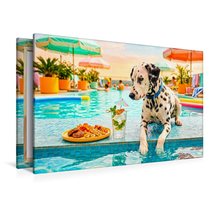 Premium Textil-Leinwand Dalmatiner Poolsnack - Lustiges Sommer Hundemotiv