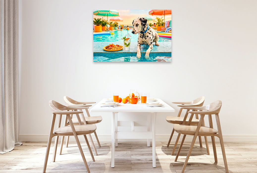 Premium Textil-Leinwand Dalmatiner Poolsnack - Lustiges Sommer Hundemotiv