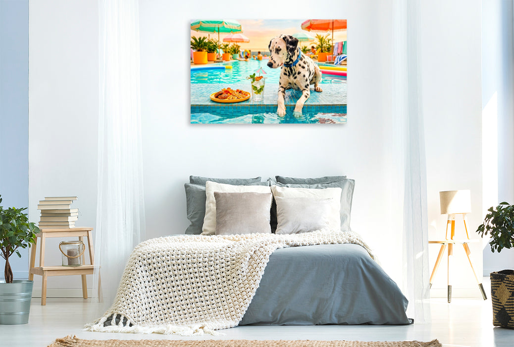 Premium Textil-Leinwand Dalmatiner Poolsnack - Lustiges Sommer Hundemotiv