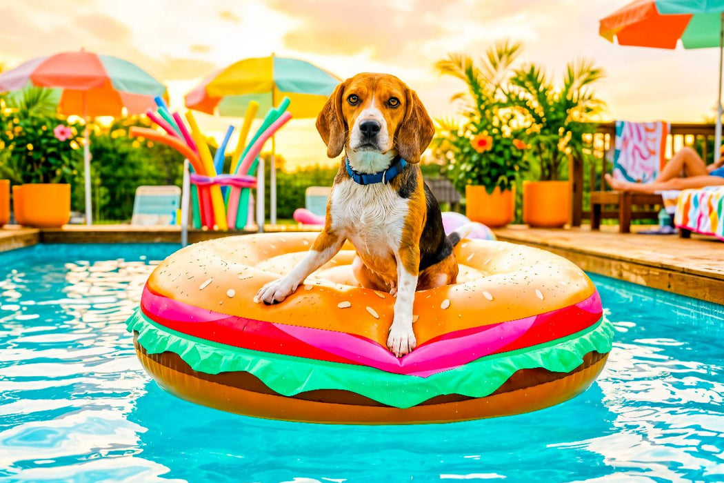 Premium Textil-Leinwand Beagle Burgerinsel – Lustiges Sommer Hundemotiv