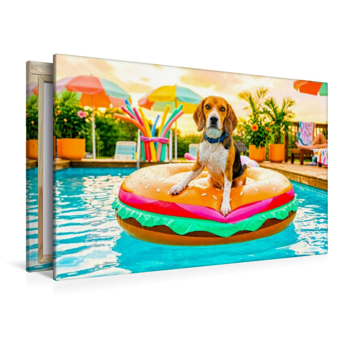 Premium Textil-Leinwand Beagle Burgerinsel – Lustiges Sommer Hundemotiv