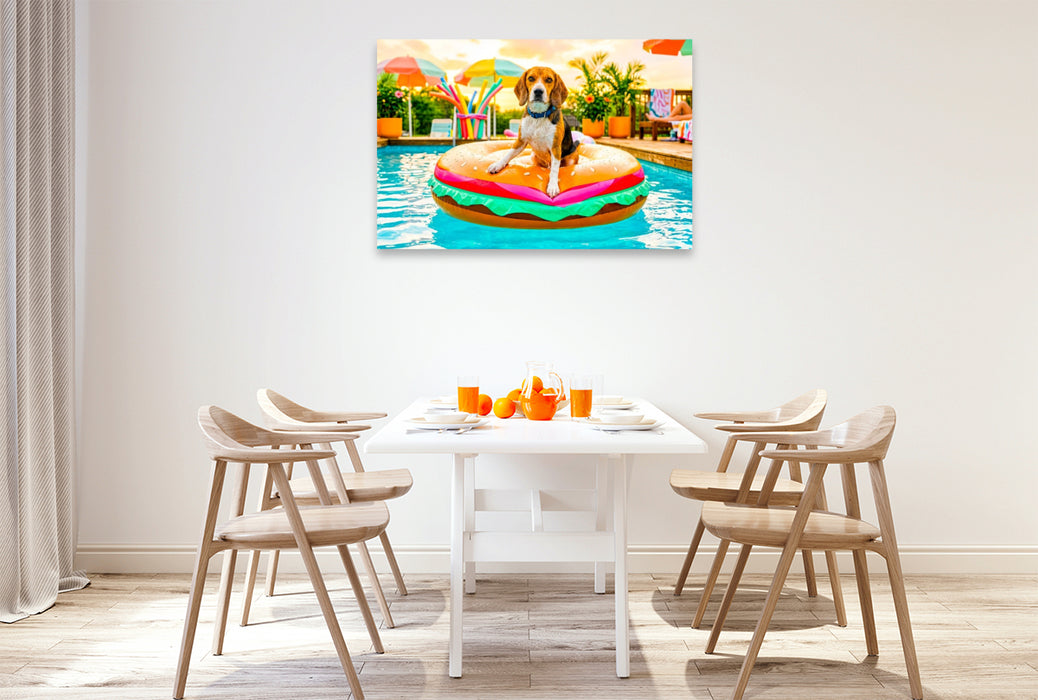 Premium Textil-Leinwand Beagle Burgerinsel – Lustiges Sommer Hundemotiv