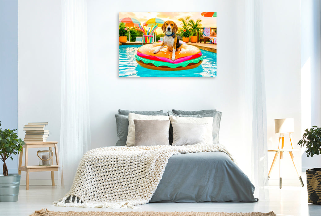 Premium Textil-Leinwand Beagle Burgerinsel – Lustiges Sommer Hundemotiv