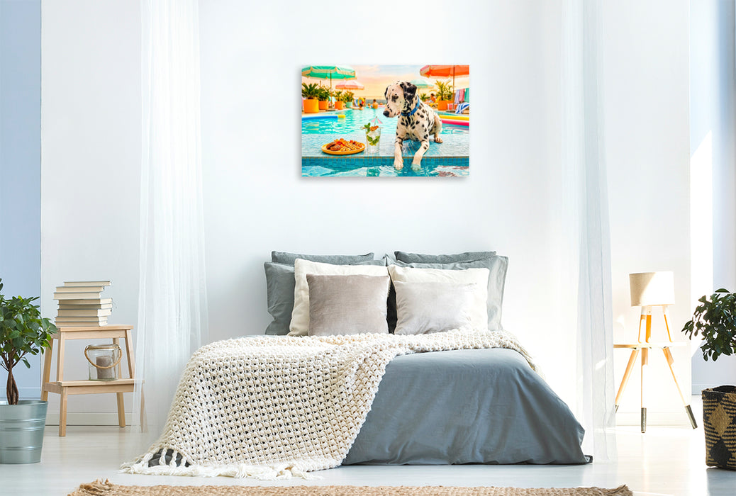 Premium Textil-Leinwand Dalmatiner Poolsnack - Lustiges Sommer Hundemotiv