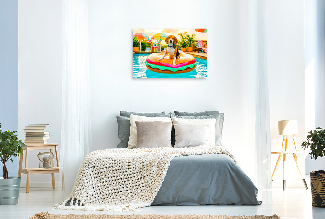Premium Textil-Leinwand Beagle Burgerinsel – Lustiges Sommer Hundemotiv