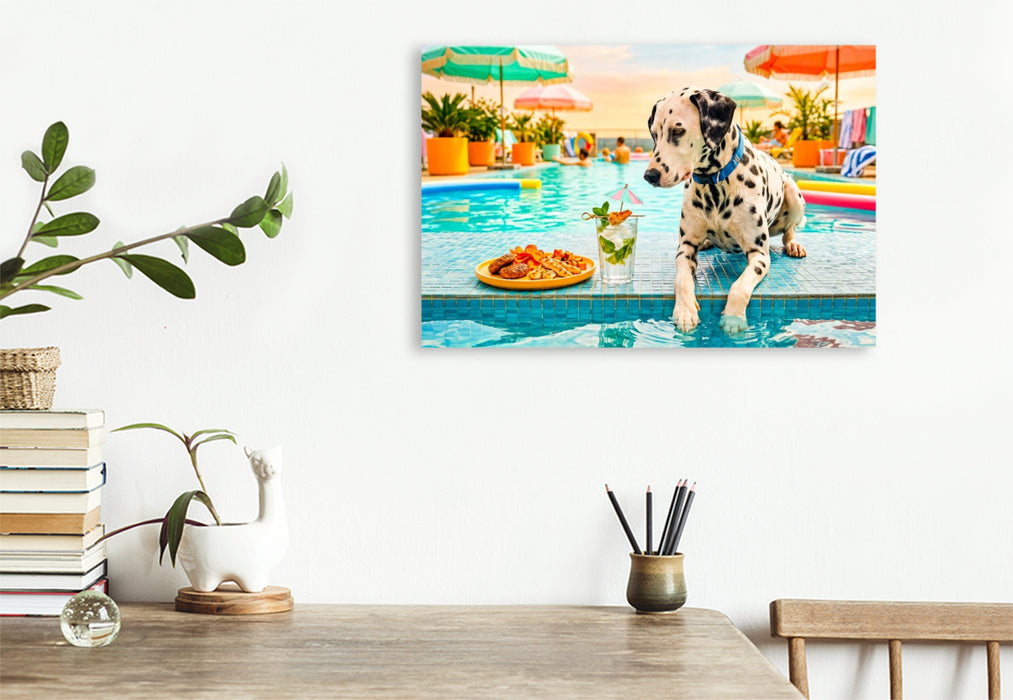 Premium Textil-Leinwand Dalmatiner Poolsnack - Lustiges Sommer Hundemotiv