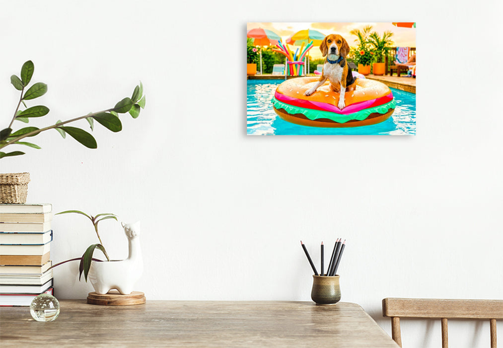 Premium Textil-Leinwand Beagle Burgerinsel – Lustiges Sommer Hundemotiv