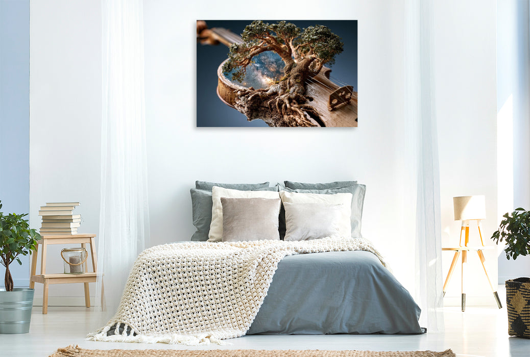 Premium Textil-Leinwand Der Violinenbaum mit Galaxienwirbel