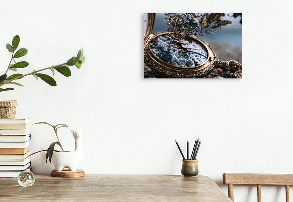 Premium Textil-Leinwand Die Taschenuhr mit Ozean der Schmetterlinge