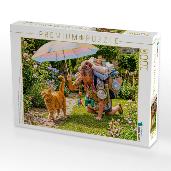 Abenteuerlustige rote Katze im Garten - Humorvolles Puzzle - CALVENDO Foto-Puzzle'