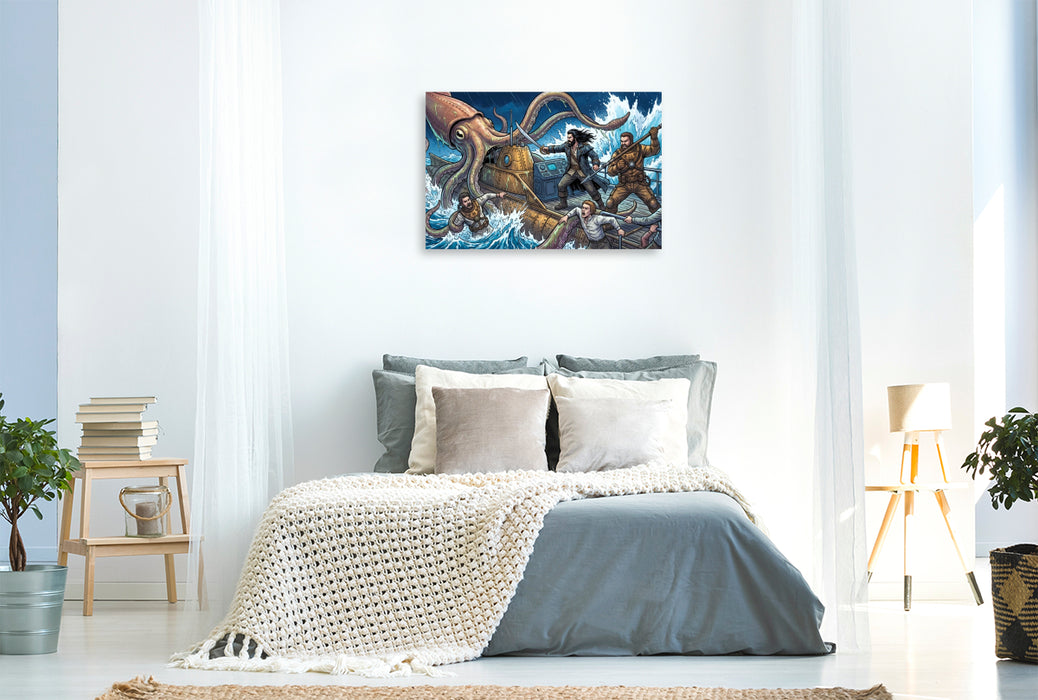 Premium Textil-Leinwand Die Schlacht mit dem Riesenkalmar
