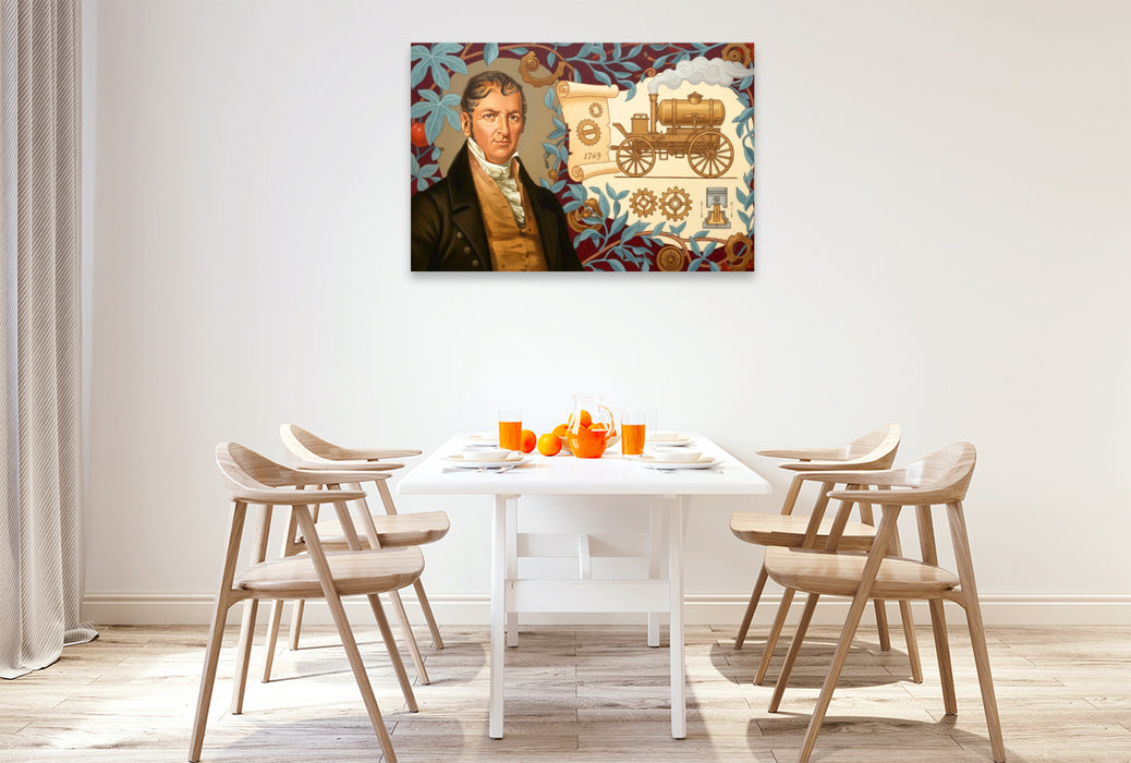 Premium Textil-Leinwand Nicolas-Joseph Cugnot (1725–1804) – erster Dampfwagen, frühes selbstfahrendes Fahrzeug