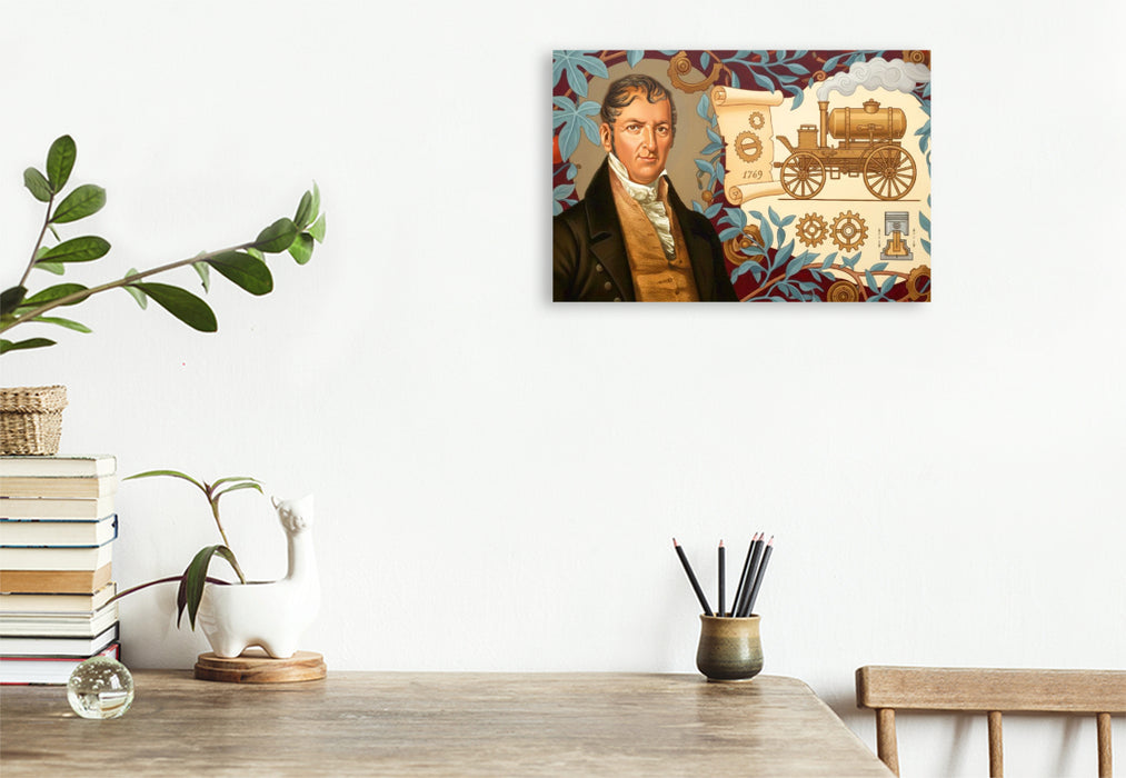 Premium Textil-Leinwand Nicolas-Joseph Cugnot (1725–1804) – erster Dampfwagen, frühes selbstfahrendes Fahrzeug