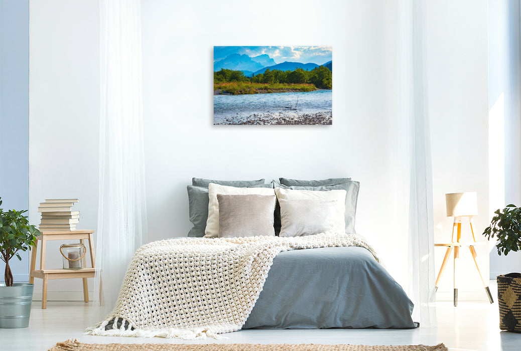 Premium Textil-Leinwand Isar mit Wettersteingebirge