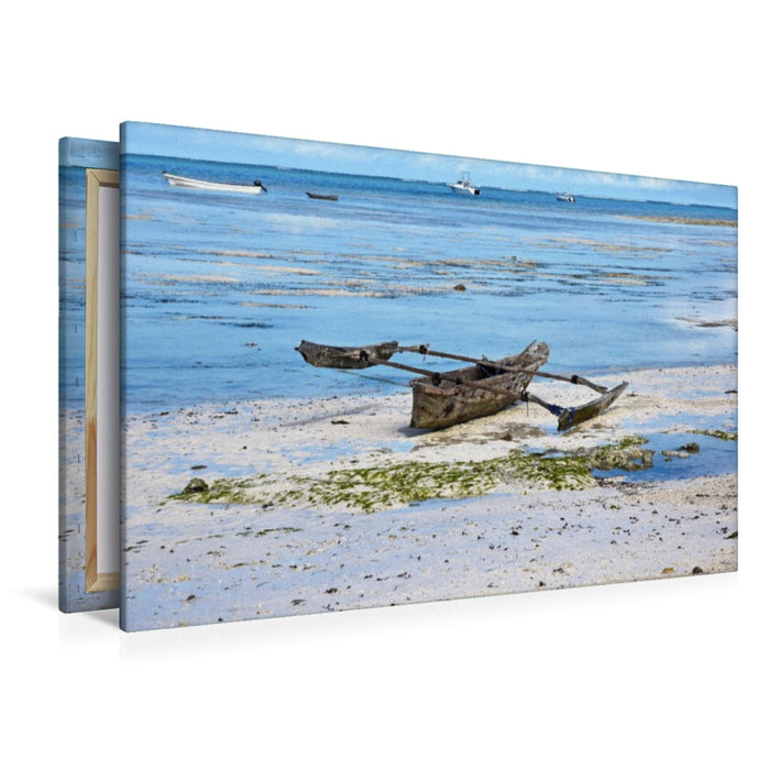 Premium Textil-Leinwand Holzboot am Strand