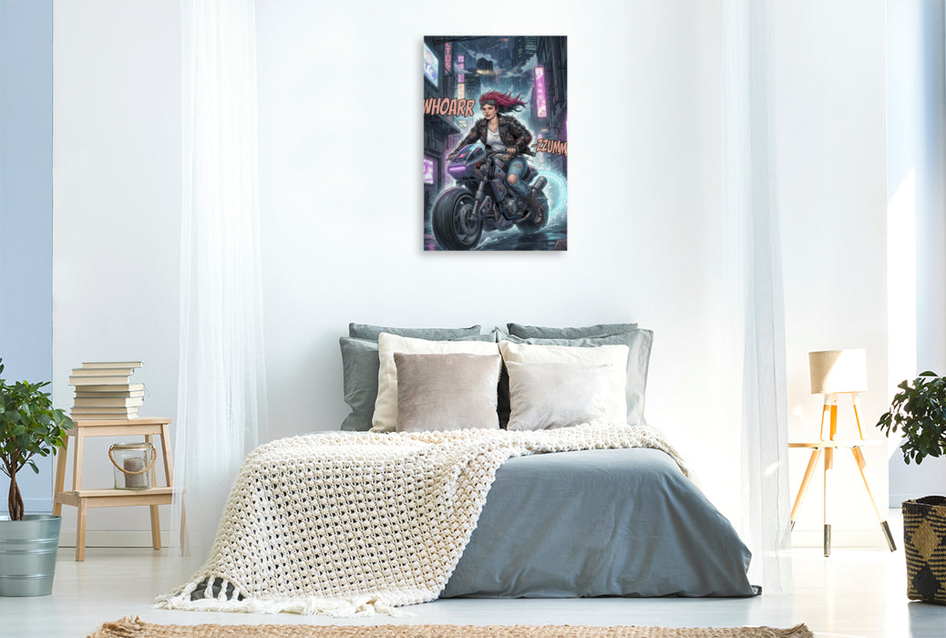 Premium Textil-Leinwand Flucht durch den Neonregen