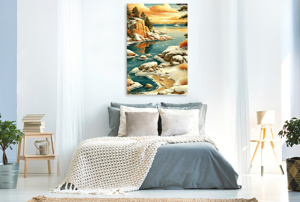 Premium Textil-Leinwand Schwedische Küste im Frühling