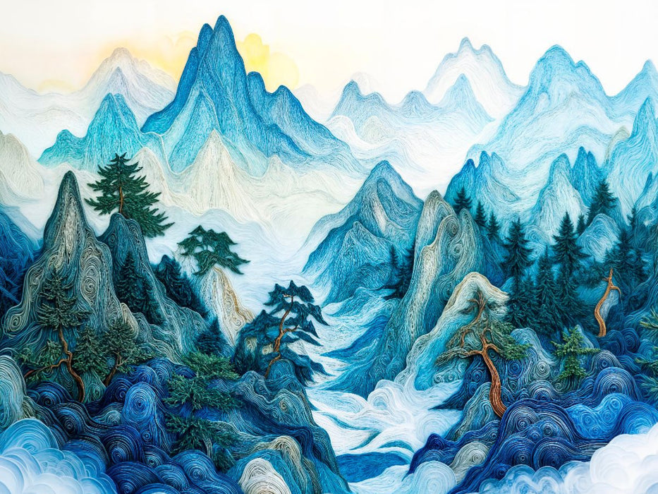 Quilling Papierkunst Huangshan Berglandschaft China Kiefern Silhouetten Nebel Puzzle - CALVENDO Foto-Puzzle'