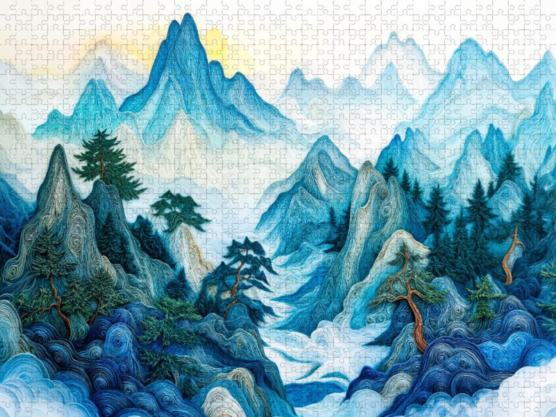 Quilling Papierkunst Huangshan Berglandschaft China Kiefern Silhouetten Nebel Puzzle - CALVENDO Foto-Puzzle'