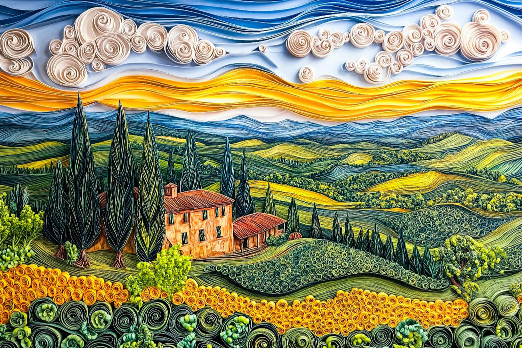 Premium Textil-Leinwand Quilling Papierkunst Toskana Landschaft mit Zypressen Landgut und Sonnenblumenfeld
