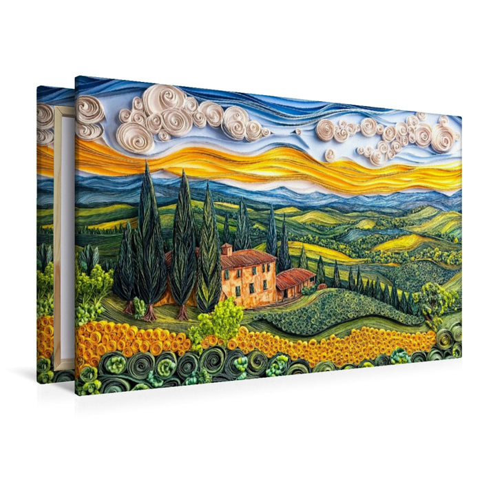 Premium Textil-Leinwand Quilling Papierkunst Toskana Landschaft mit Zypressen Landgut und Sonnenblumenfeld