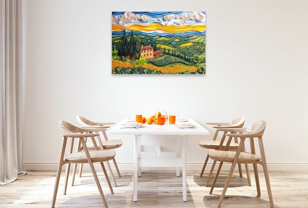 Premium Textil-Leinwand Quilling Papierkunst Toskana Landschaft mit Zypressen Landgut und Sonnenblumenfeld