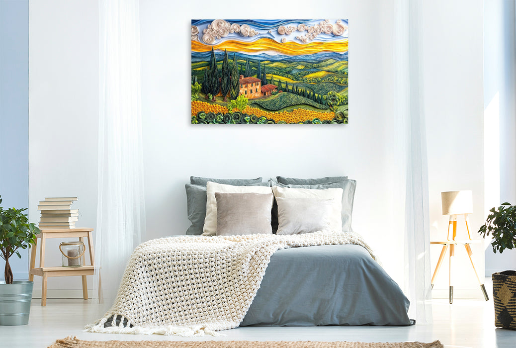 Premium Textil-Leinwand Quilling Papierkunst Toskana Landschaft mit Zypressen Landgut und Sonnenblumenfeld