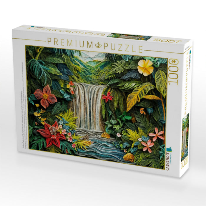 Quilling Papierkunst Djungellandschaft mit tropischem Wasserfall und üppiger Vegetation - CALVENDO Foto-Puzzle'