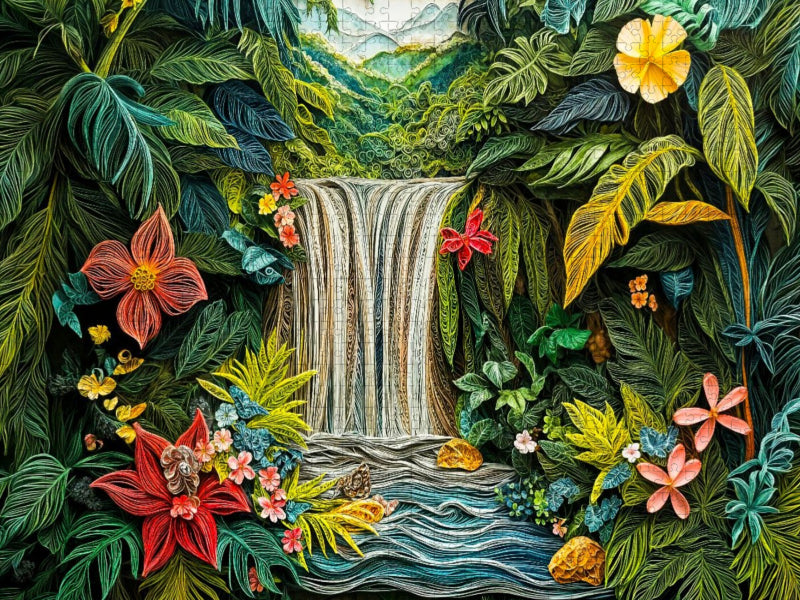 Quilling Papierkunst Djungellandschaft mit tropischem Wasserfall und üppiger Vegetation - CALVENDO Foto-Puzzle'