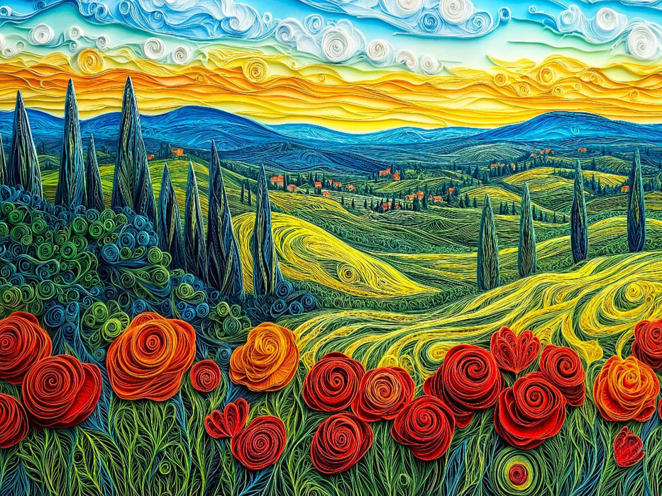 Quilling Papierkunst Toskana Landschaft mit Zypressen Getreidefeldern und Mohnblumen - CALVENDO Foto-Puzzle'