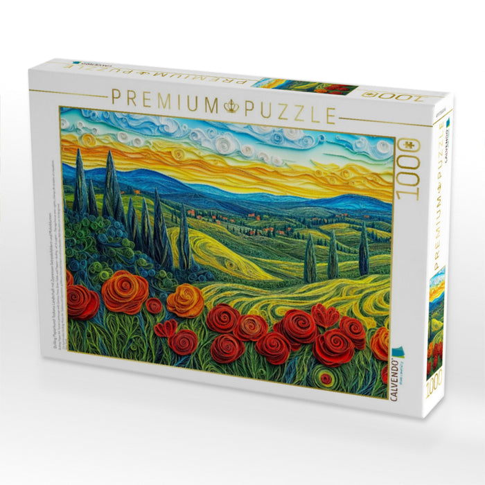 Quilling Papierkunst Toskana Landschaft mit Zypressen Getreidefeldern und Mohnblumen - CALVENDO Foto-Puzzle'