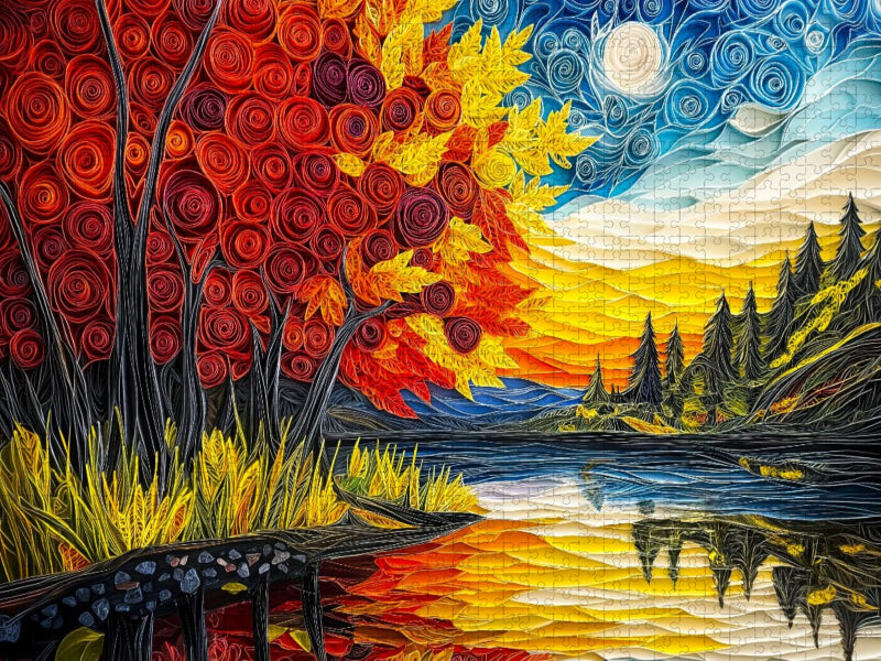 Quilling Papierkunst Indian Summer Landschaft mit Laubbäumen Spiegelung im See - CALVENDO Foto-Puzzle'