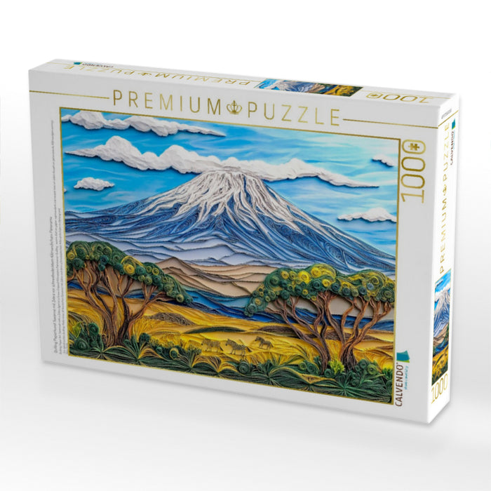 Quilling Papierkunst Savanne mit Zebra vor schneebedecktem Kilimandscharo Panorama - CALVENDO Foto-Puzzle'