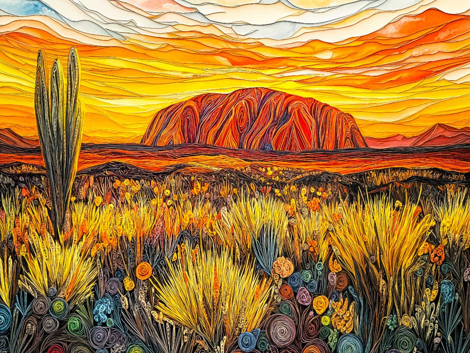 Quilling Papierkunst Uluru Outback Landschaft mit Felsen Silhouetten und Himmel - CALVENDO Foto-Puzzle'