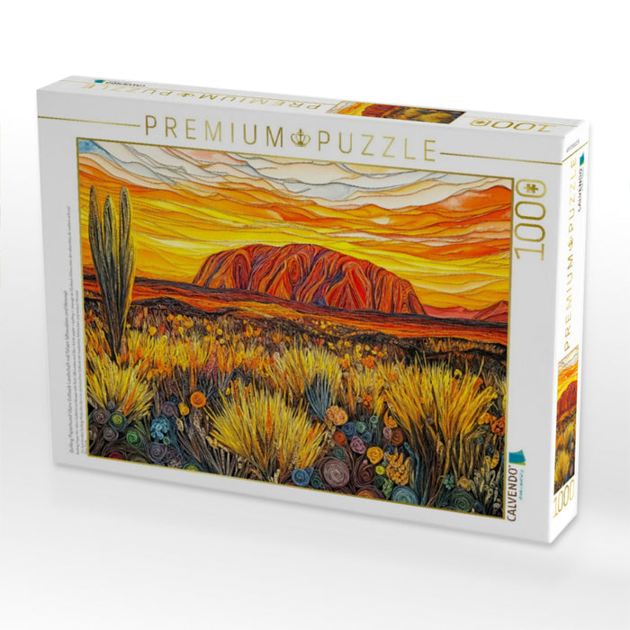 Quilling Papierkunst Uluru Outback Landschaft mit Felsen Silhouetten und Himmel - CALVENDO Foto-Puzzle'