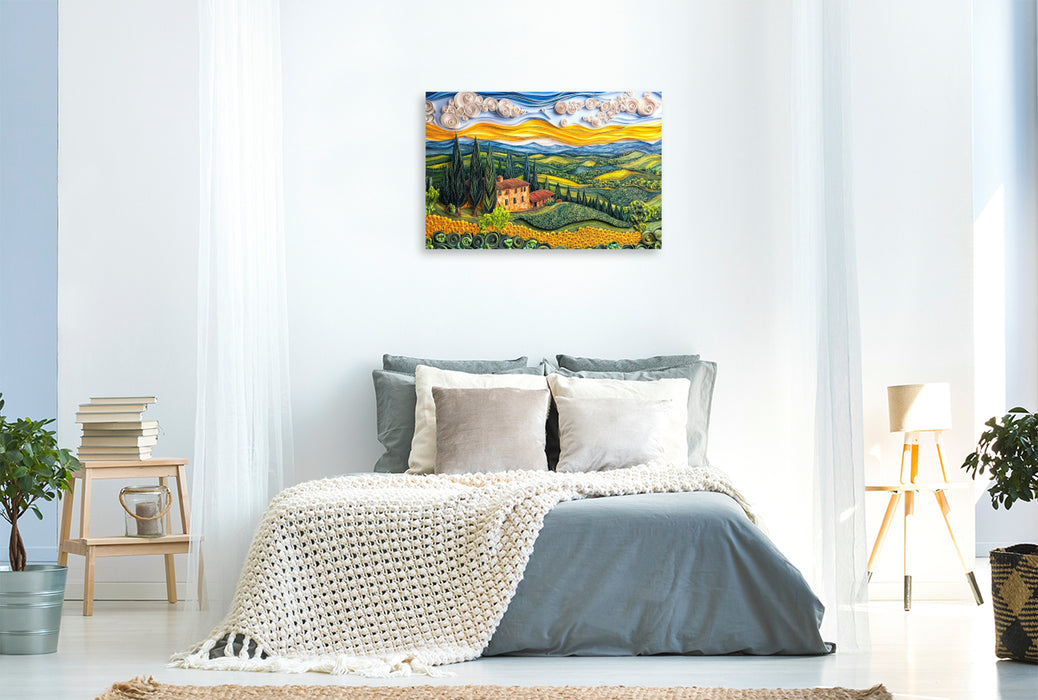 Premium Textil-Leinwand Quilling Papierkunst Toskana Landschaft mit Zypressen Landgut und Sonnenblumenfeld