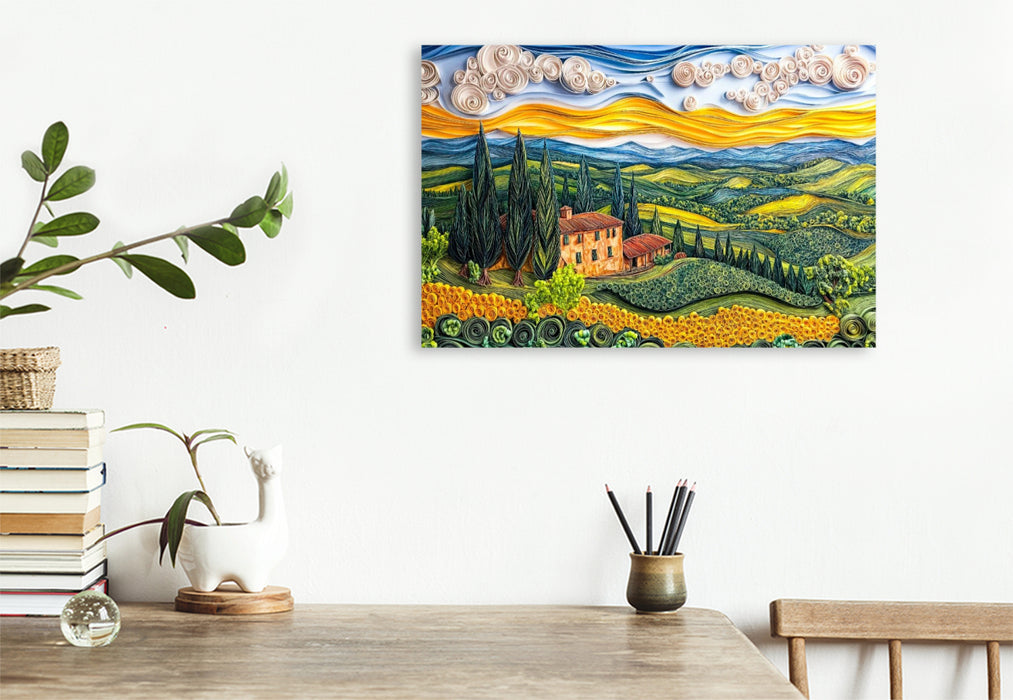 Premium Textil-Leinwand Quilling Papierkunst Toskana Landschaft mit Zypressen Landgut und Sonnenblumenfeld