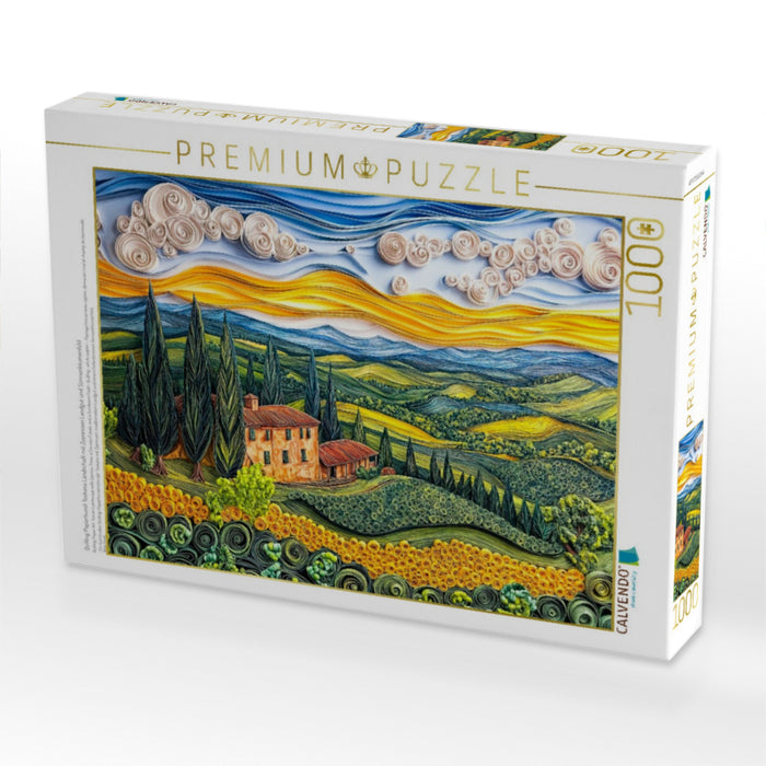 Quilling Papierkunst Toskana Landschaft mit Zypressen Landgut und Sonnenblumenfeld - CALVENDO Foto-Puzzle'
