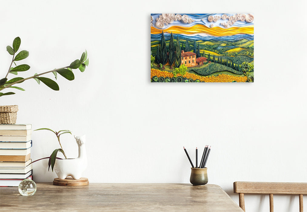 Premium Textil-Leinwand Quilling Papierkunst Toskana Landschaft mit Zypressen Landgut und Sonnenblumenfeld