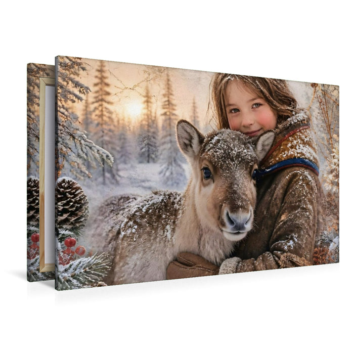 Premium Textil-Leinwand Sámi-Mädchen & Rentierkalb. Freundschaft im Winterwald