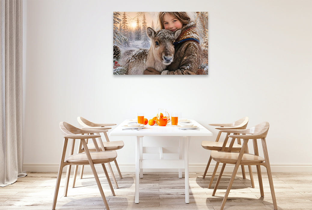 Premium Textil-Leinwand Sámi-Mädchen & Rentierkalb. Freundschaft im Winterwald