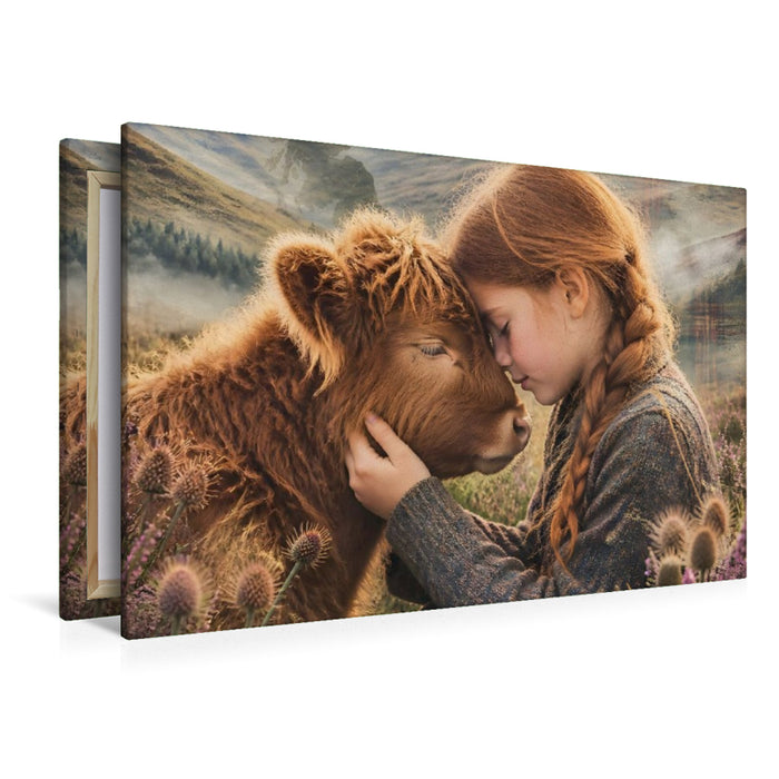 Premium Textil-Leinwand Heimat der sanften Herzen. Schottisches Mädchen & Highland-Kälbchen