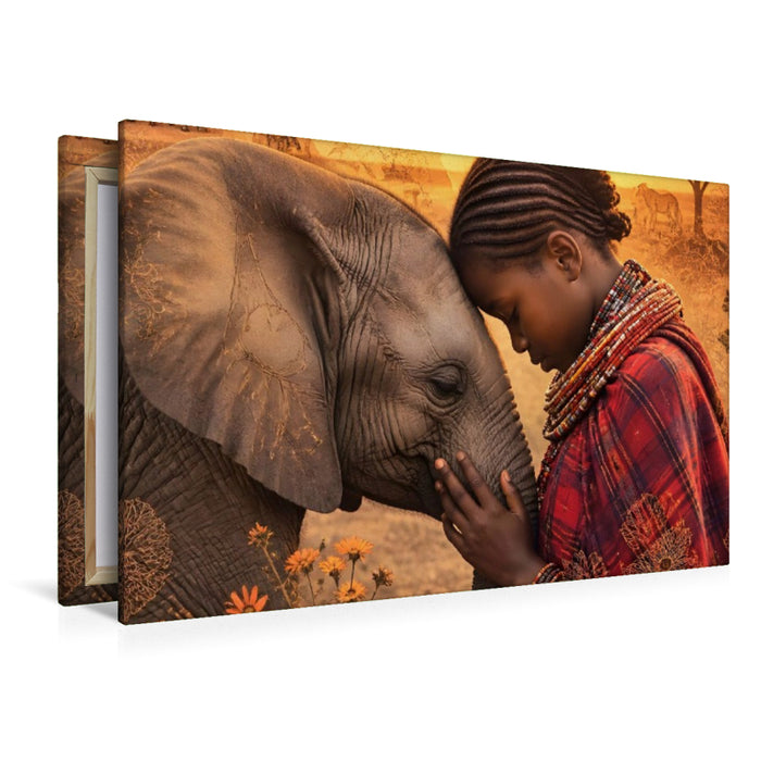 Premium Textil-Leinwand Herzen der Savanne. Massai-Mädchen & Elefantenkalb