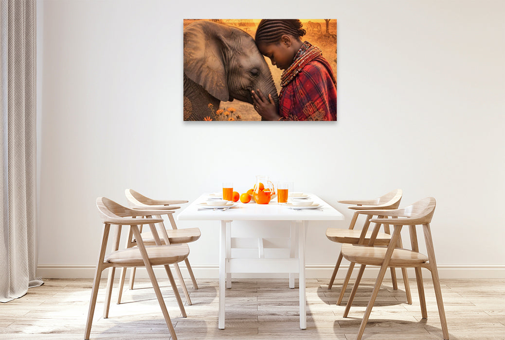 Premium Textil-Leinwand Herzen der Savanne. Massai-Mädchen & Elefantenkalb