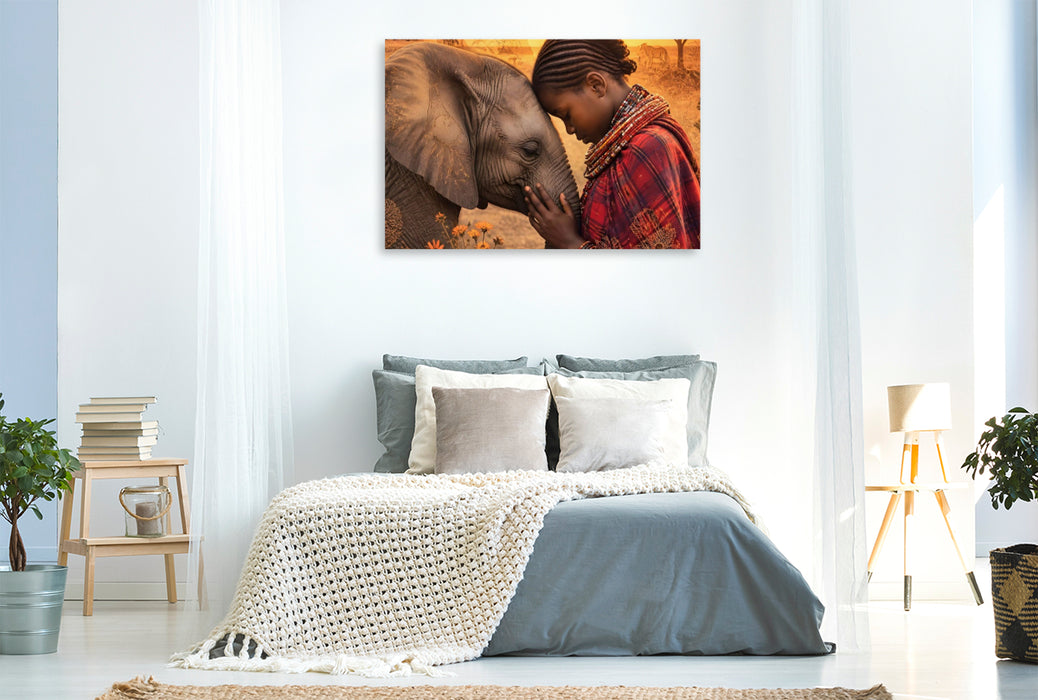 Premium Textil-Leinwand Herzen der Savanne. Massai-Mädchen & Elefantenkalb