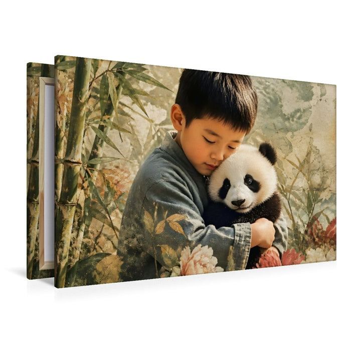 Premium Textil-Leinwand Sanfte Begegnung im Bambuswald. Chinesischer Junge & Pandababy